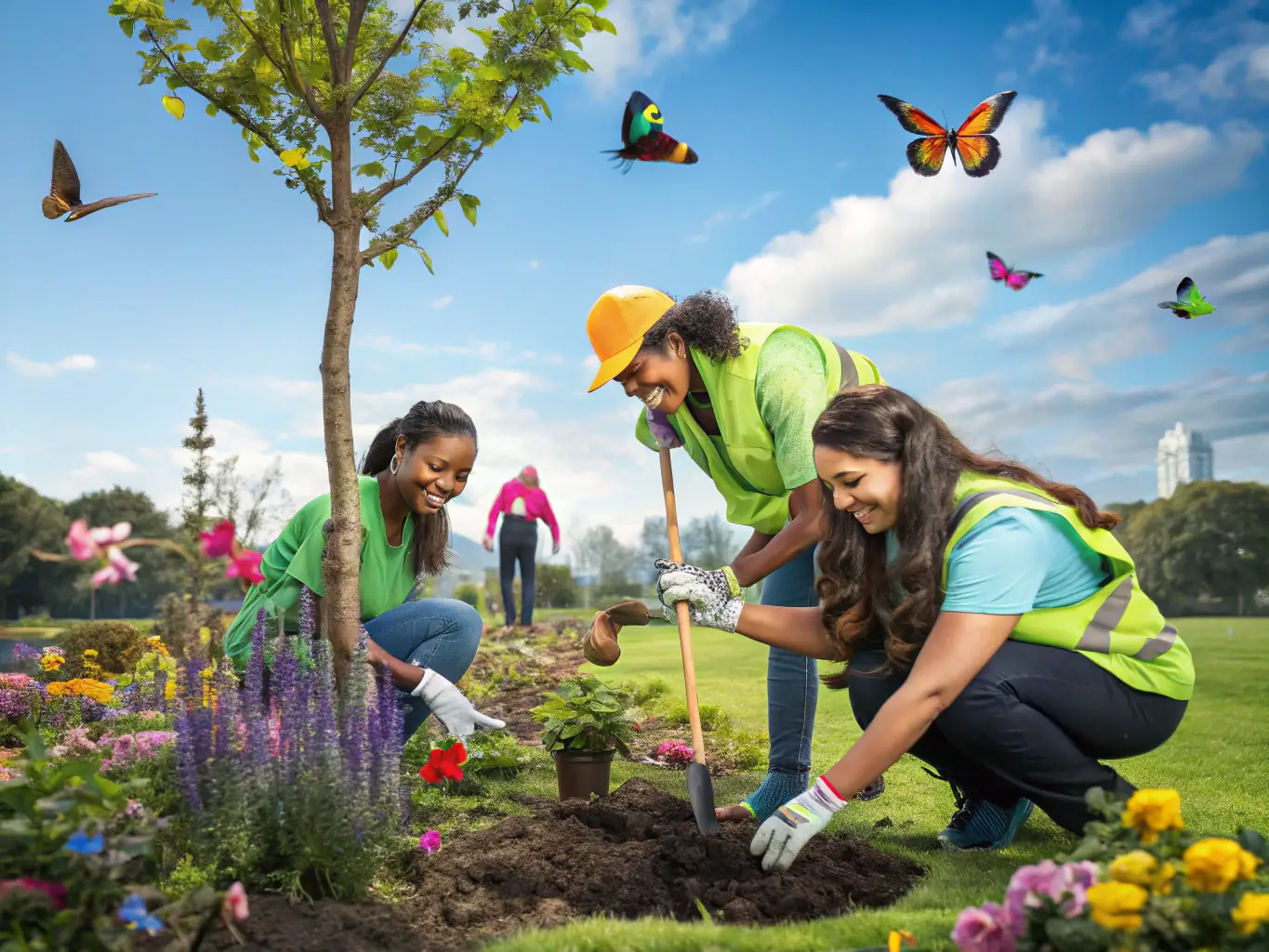 A heartwarming image of volunteers planting trees in a local park, symbolizing community involvement and environmental stewardship.