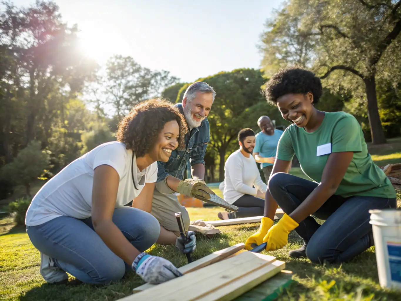 A photograph of members collaborating on a community project, showcasing teamwork and the satisfaction of achieving common goals.