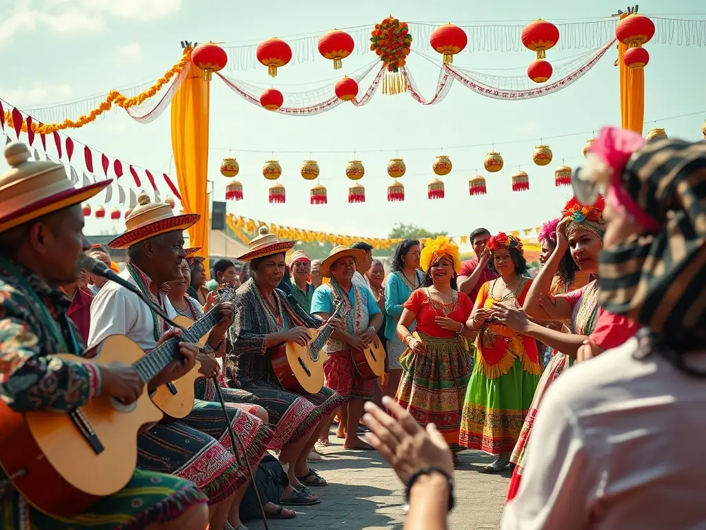 An image depicting a lively scene from a cultural event organized by FOYER RURAL DE SEMUSSAC, featuring traditional music, dance, and local cuisine, celebrating the region's heritage.