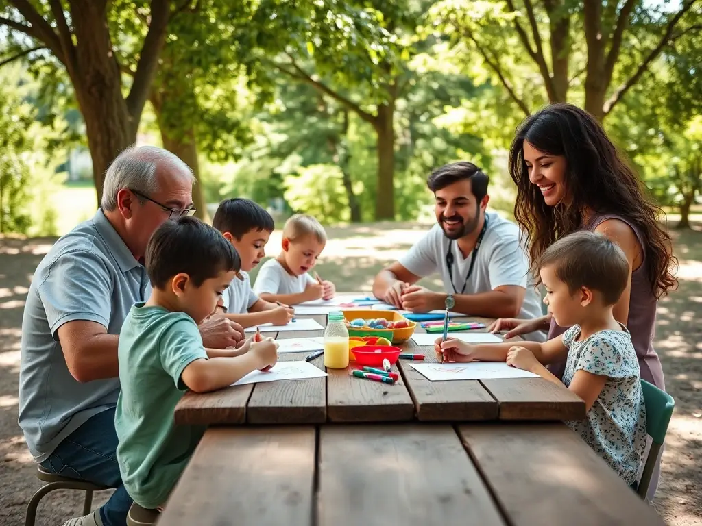 A vibrant photograph capturing a group of children participating in an arts and crafts workshop at FOYER RURAL DE SEMUSSAC, showcasing creativity and community engagement.