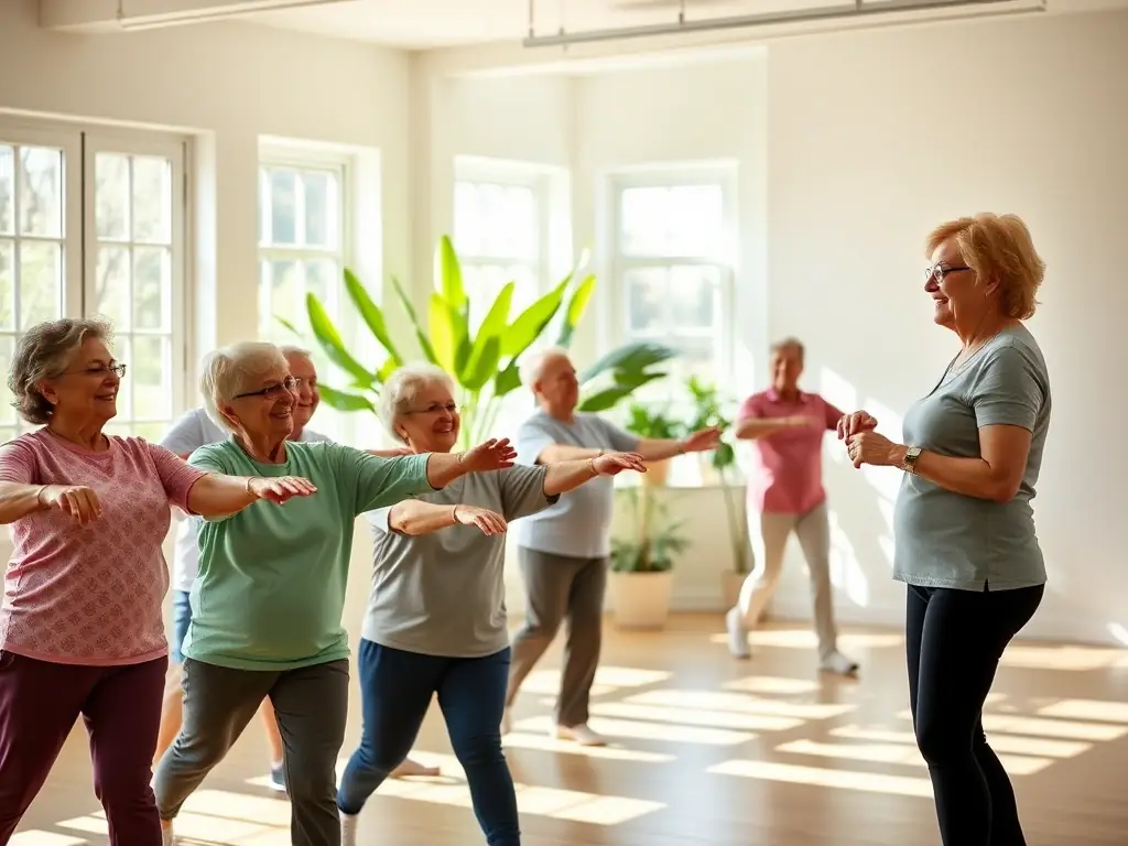 A heartwarming scene of senior citizens participating in a gentle exercise class at FOYER RURAL DE SEMUSSAC, emphasizing health and well-being for all age groups.