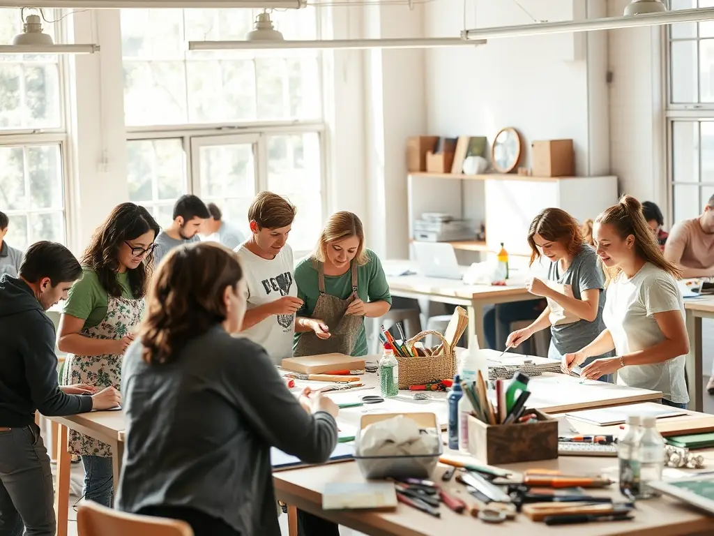 A photograph capturing a group of diverse community members actively participating in a local workshop at FOYER RURAL DE SEMUSSAC, showcasing hands-on learning and community engagement.